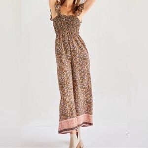 Francesca's Collections Brown Floral Smocked Wide-Leg Jumpsuit with Pink Hem